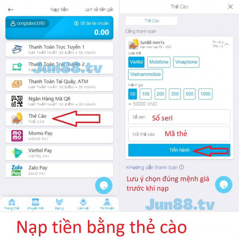 Nạp tiền Jun88 bằng thẻ cào